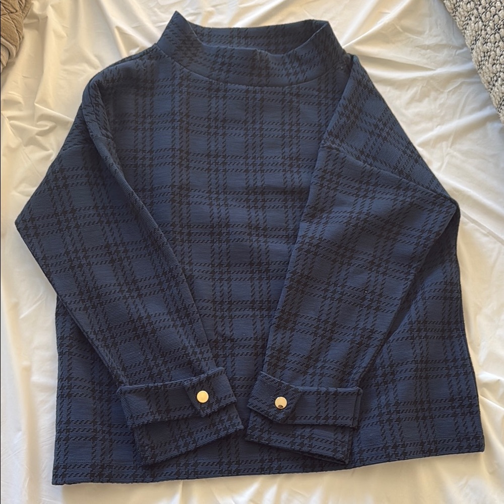 Chic Navy Plaid Long Sleeve Top with Gold Accents